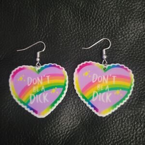 Funny "Don't be a D*ck" heart shaped pastel rainbow pride earrings